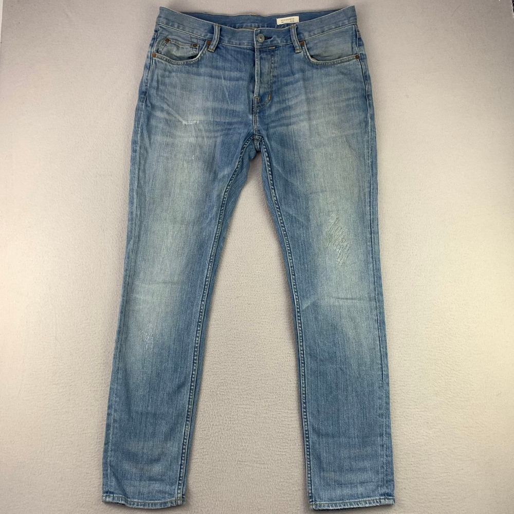 AllSaints Jeans Rex Slim Mens 33x31 Blue Distressed Stretch Denim Faded Preppy